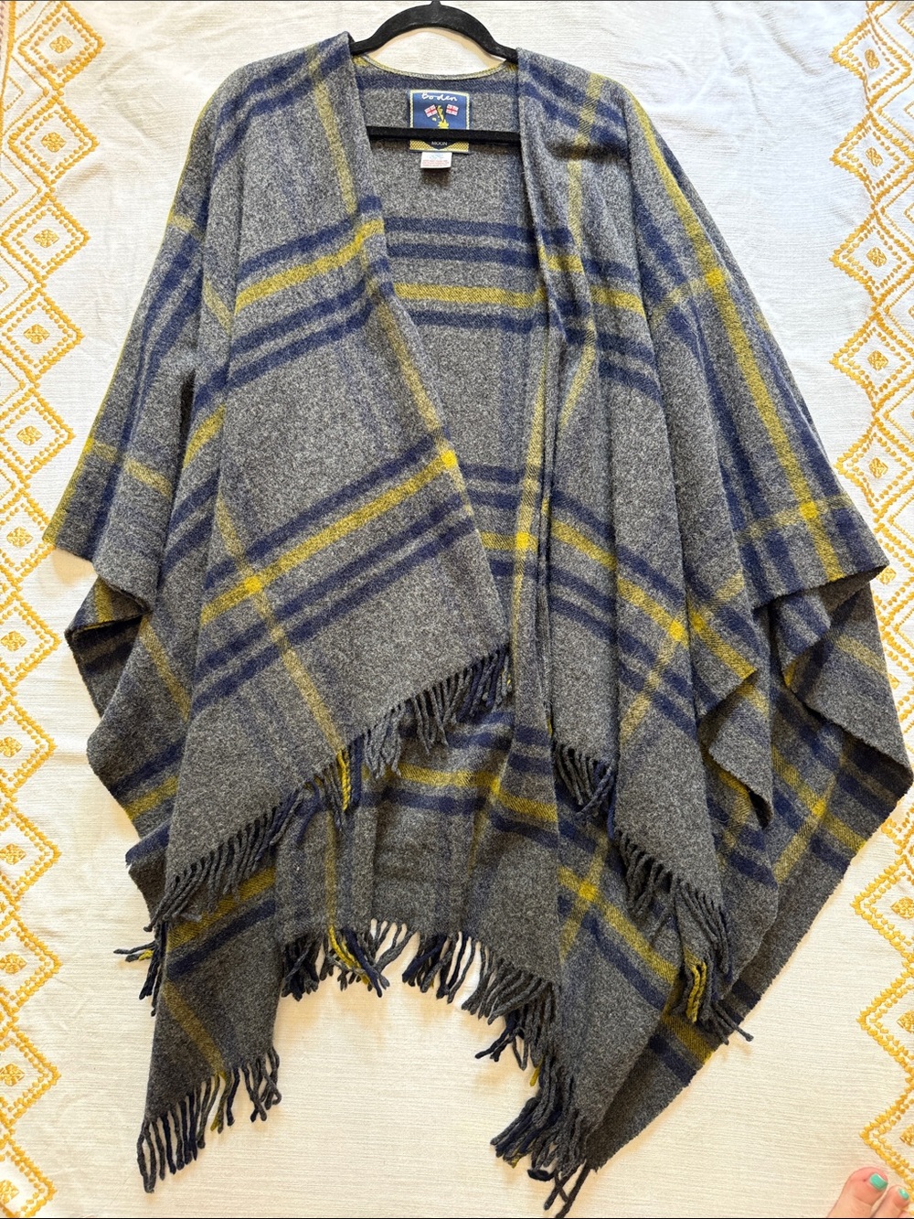 Boden Gray Plaid Fringe Wrap Cape with Blue and Yellow Stripes